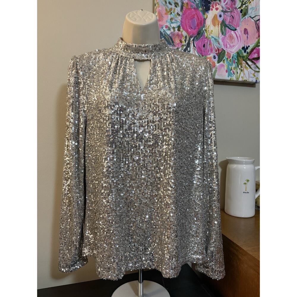 Cable & Gauge Womens Large Sequin Blouse Gold Silver Sparkle Party Holiday Top - Picture 8 of 9